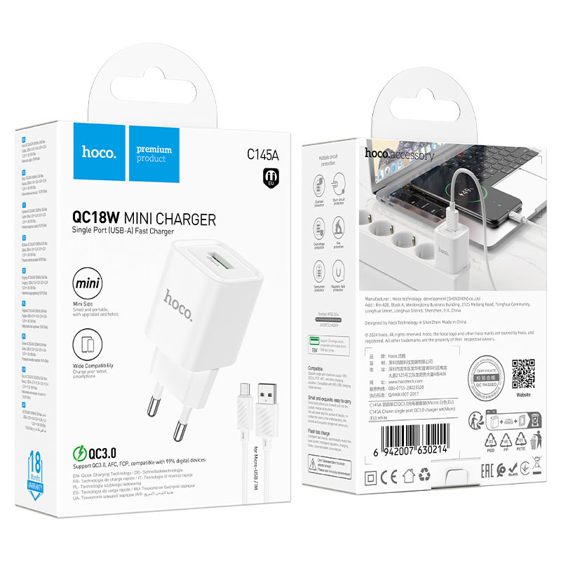 Wall charger “C145A Charm” QC3.0 EU cable set