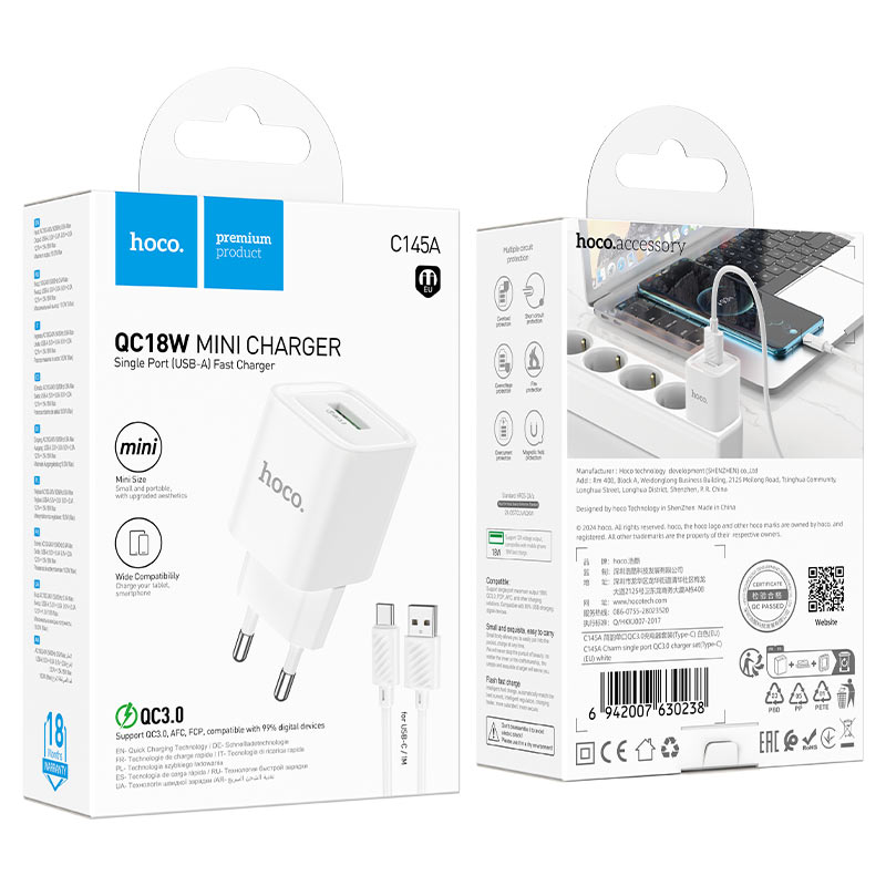 Wall charger “C145A Charm” QC3.0 EU cable set