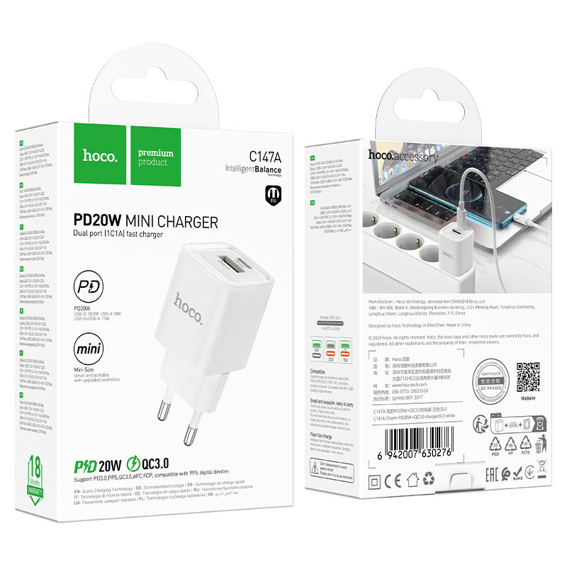 Wall charger “C147A Charm” PD20W + QC3.0 EU cable set