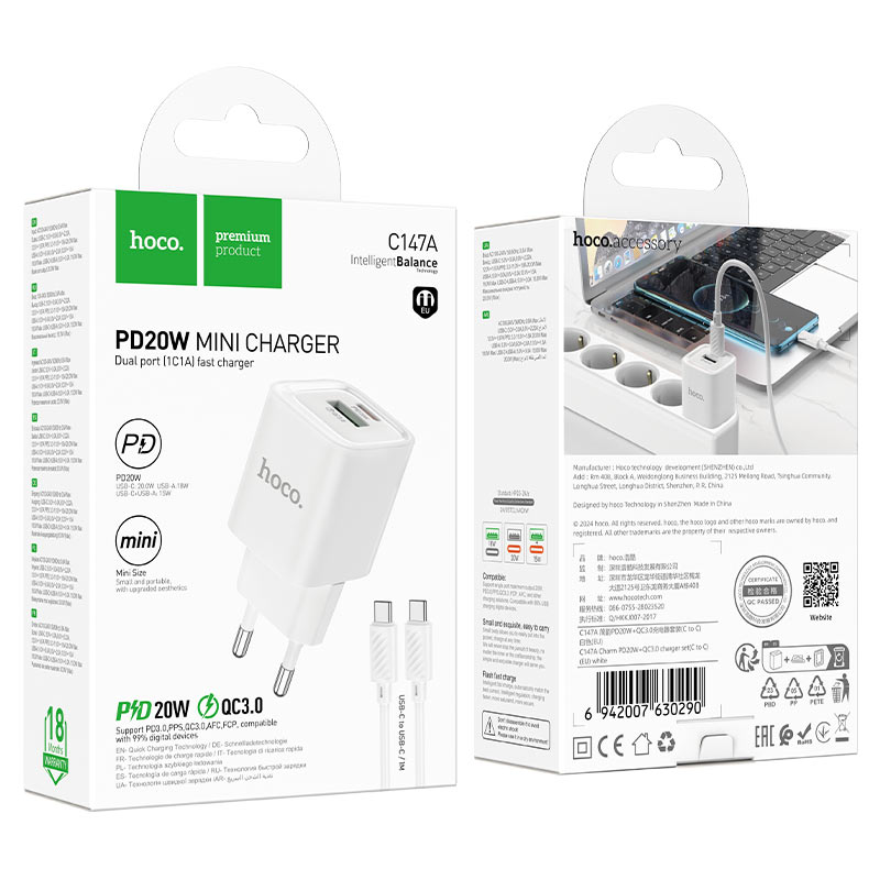 Wall charger “C147A Charm” PD20W + QC3.0 EU cable set