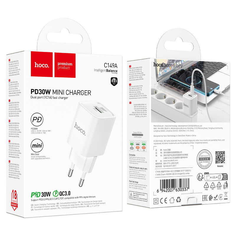 Wall charger “C149A Charm” PD30W + QC3.0 EU cable set