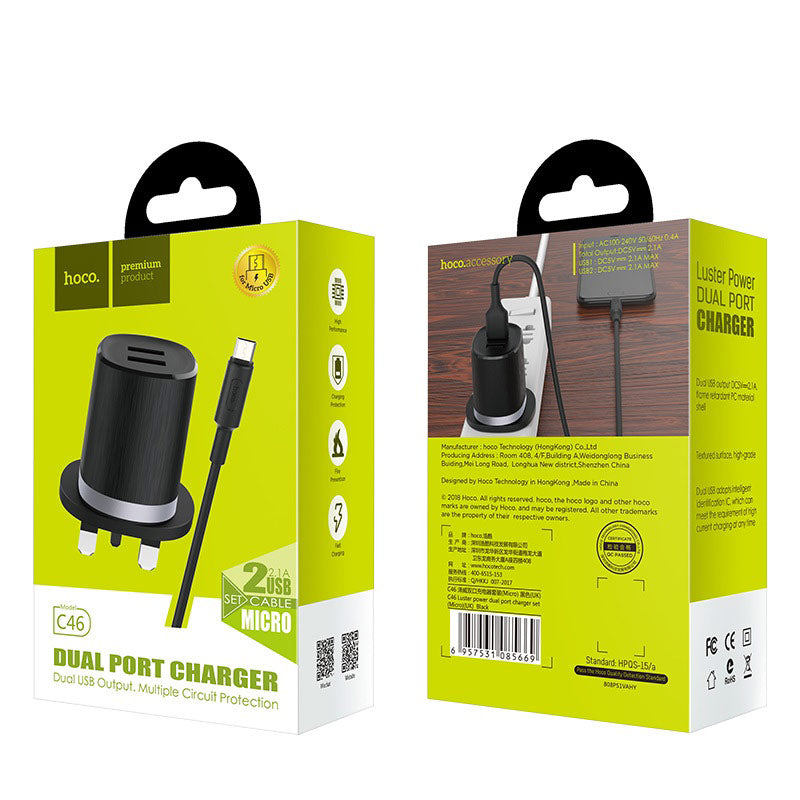 Wall charger “C46 Luster power” UK charging adapter set with cable