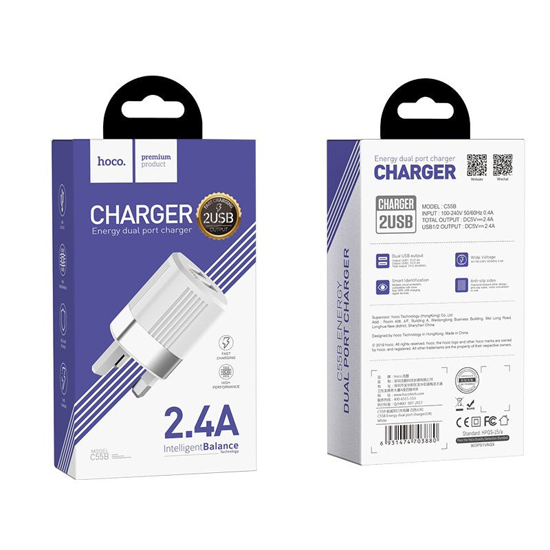 Wall charger “C55B Energy” dual USB port UK