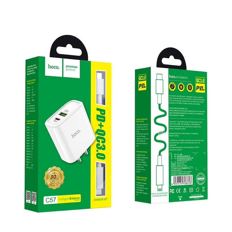 Wall charger “C57 Speed charger” USB QC3.0 & Type-C PD set with cable US
