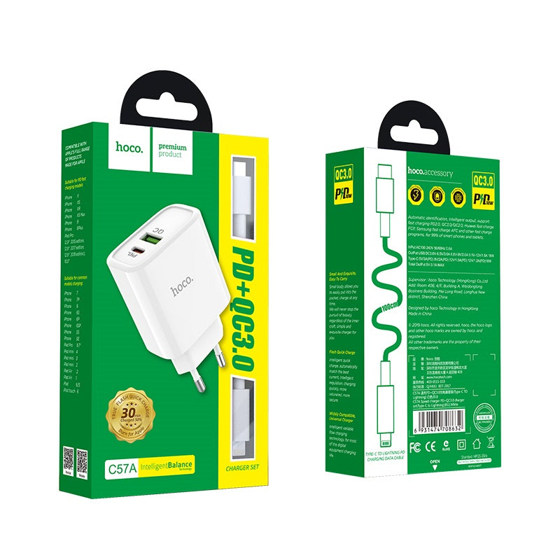 Wall charger “C57A Speed charger”USB QC3.0 & Type-C PD set with cable EU