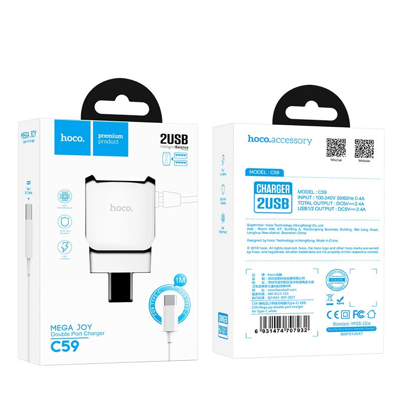 Wall charger “C59 Mega joy” dual USB port US with built-in wire