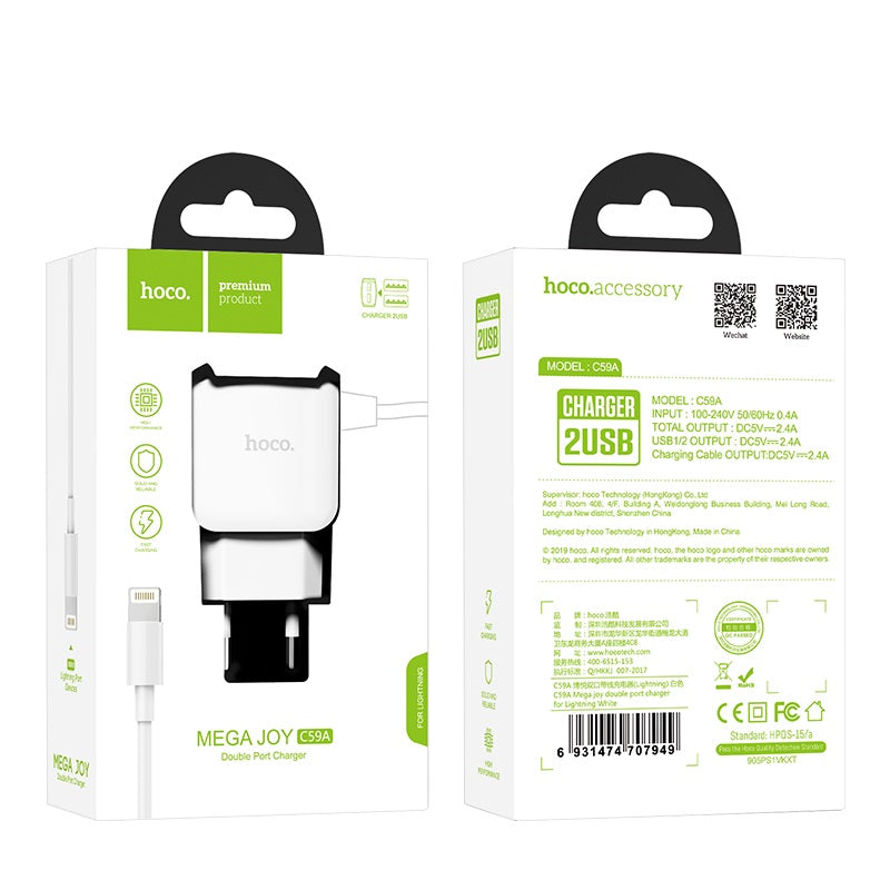 Wall charger “C59A Mega joy” dual USB port EU with built-in wire