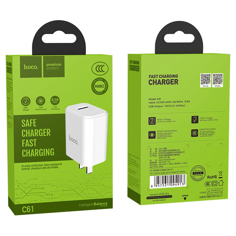 Wall charger “C61 Victoria” single USB port 3C