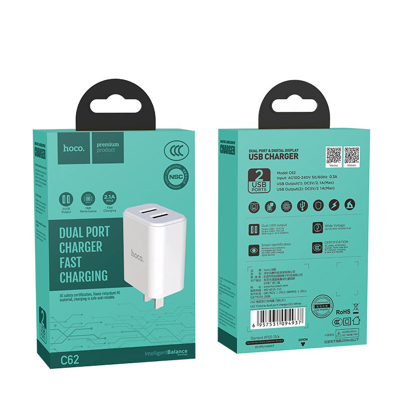 Wall charger “C62 Victoria” dual USB port 3C set with cable