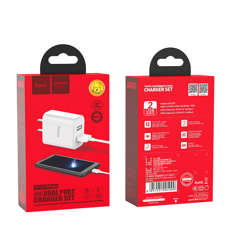 Wall charger “C62 Victoria” dual USB port 3C set with cable