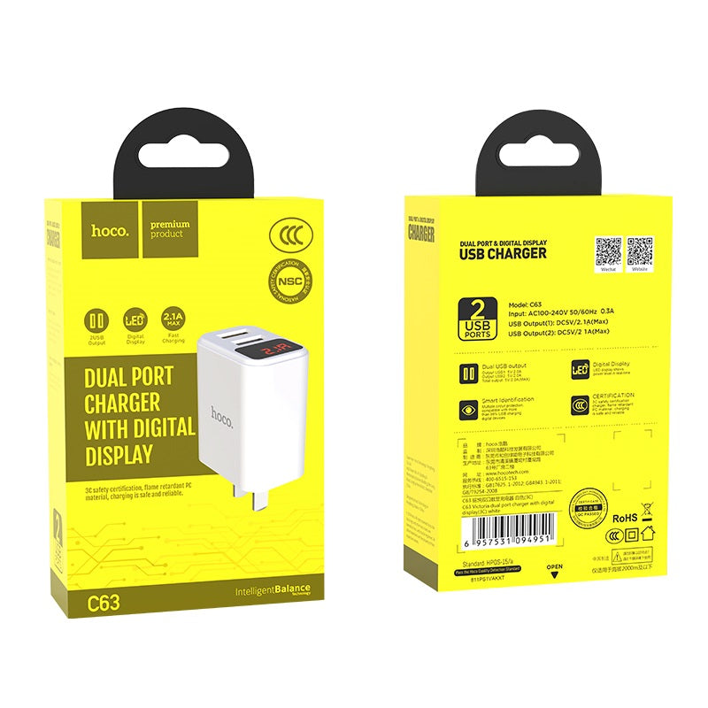 Wall charger “C63 Victoria” dual USB ports LED digital display 3C