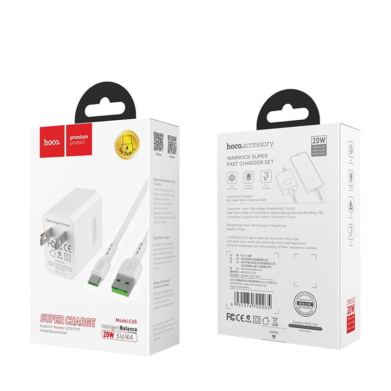 Wall charger “C65 Warwick” single USB port US set with cable