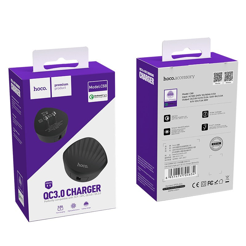 Wall charger “C68 Shell” single USB port QC3.0 US