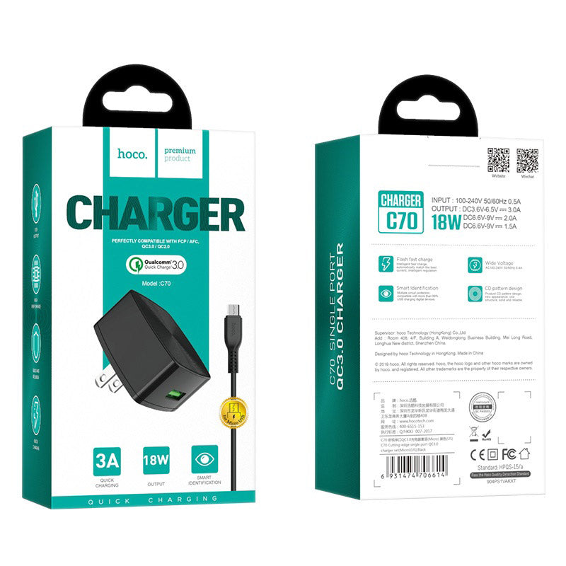 Wall charger “C70 Cutting-edge” single USB port QC3.0 US set with cable