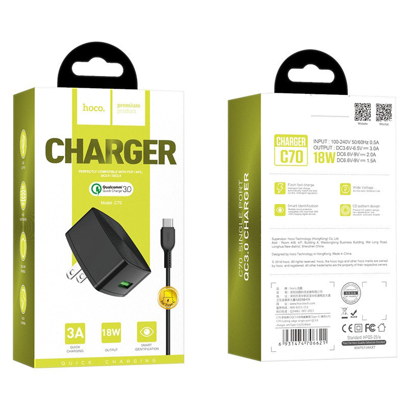 Wall charger “C70 Cutting-edge” single USB port QC3.0 US set with cable