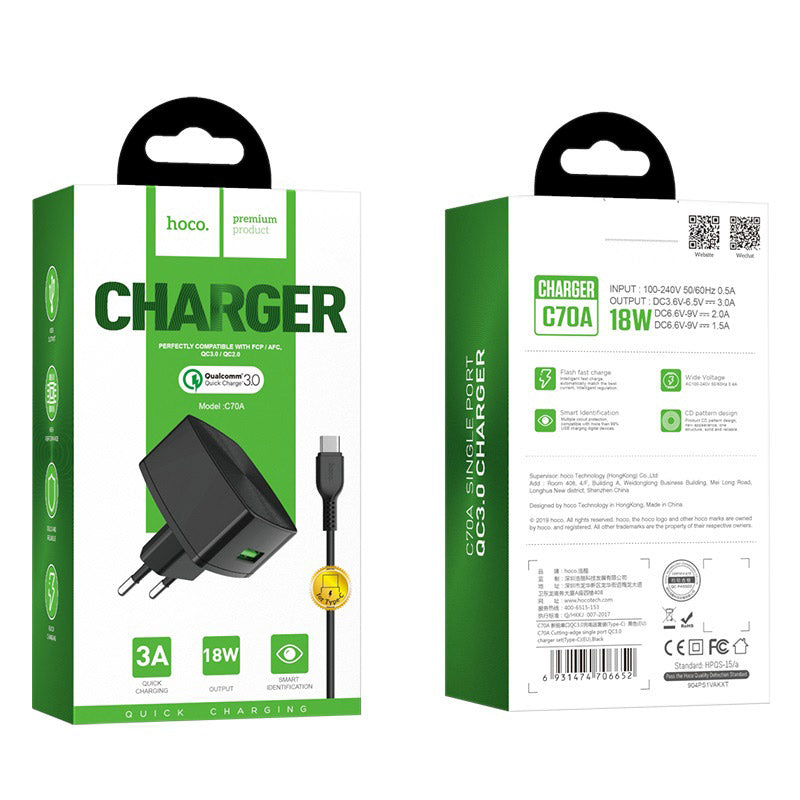Wall charger “C70A Cutting-edge” single port QC3.0  EU set with cable