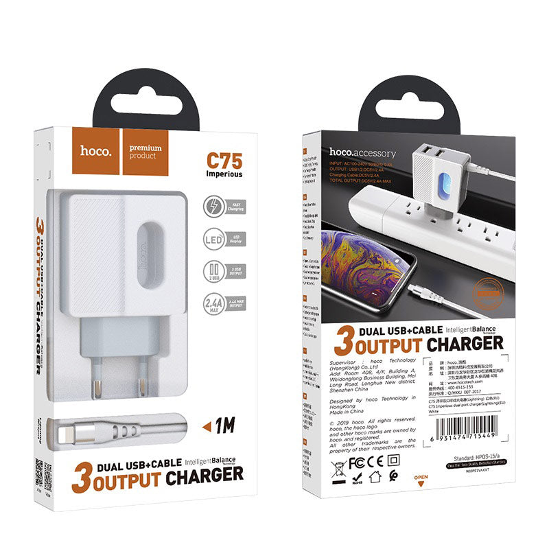 Wall charger “C75 Imperious” dual USB port EU with built-in wire