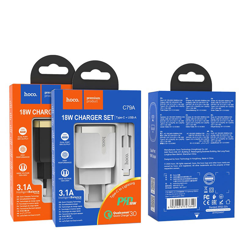 Wall charger “C79A Zeus” PD+QC3.0 EU plug set with cable