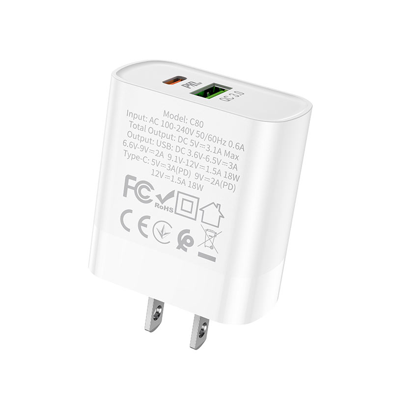 Wall charger “C80 Rapido” PD + QC3.0 US plug set with cable
