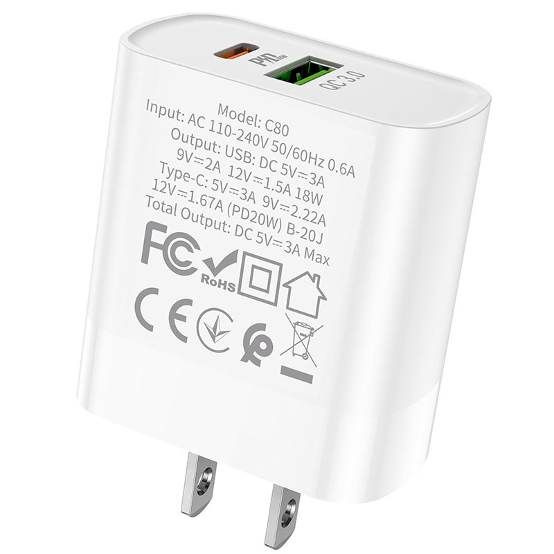 Wall charger “C80 Rapido” PD20W + QC3.0 US set with cable