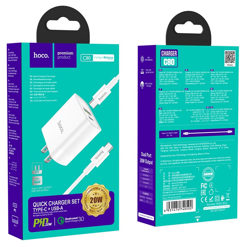 Wall charger “C80 Rapido” PD20W + QC3.0 US set with cable