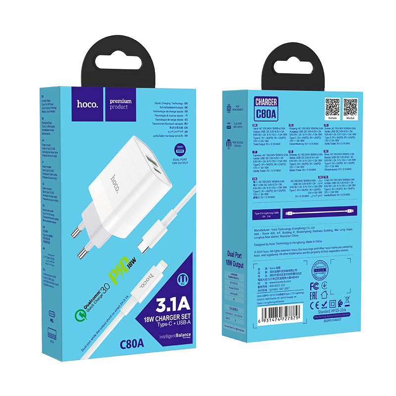Wall charger “C80A Rapido” PD + QC3.0 EU plug set with cable