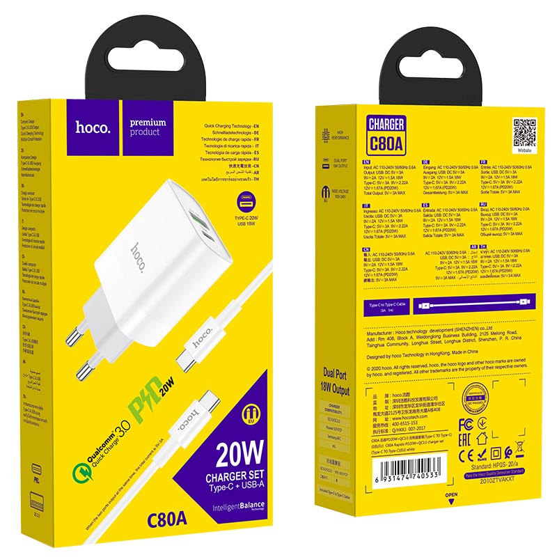 Wall charger “C80A Rapido” PD20W + QC3.0 EU set with cable