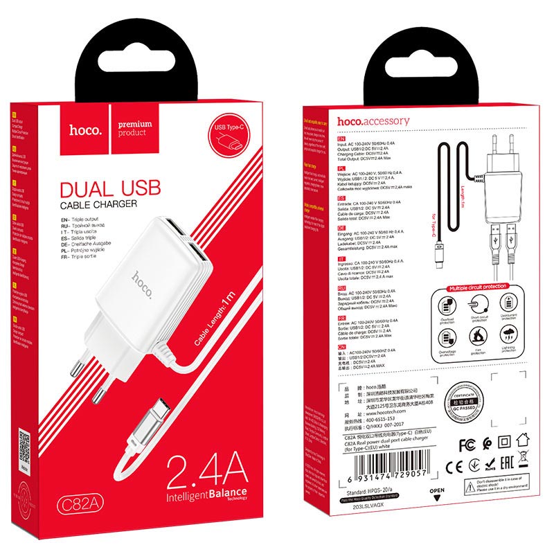Wall charger “C82A Real power” EU dual port with built-in wire