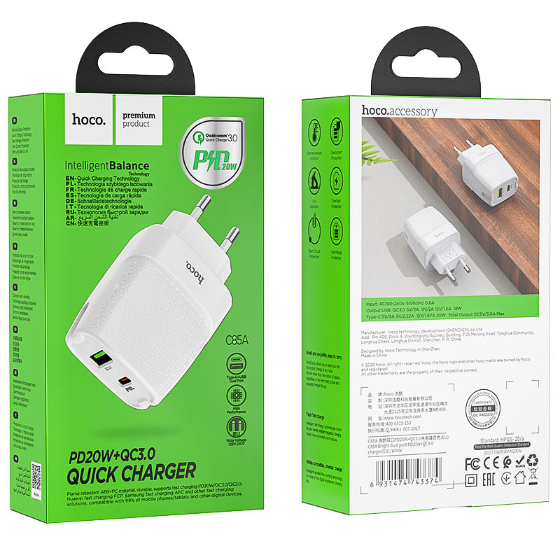 Wall charger “C85A Bright” PD20W + QC3.0 EU plug