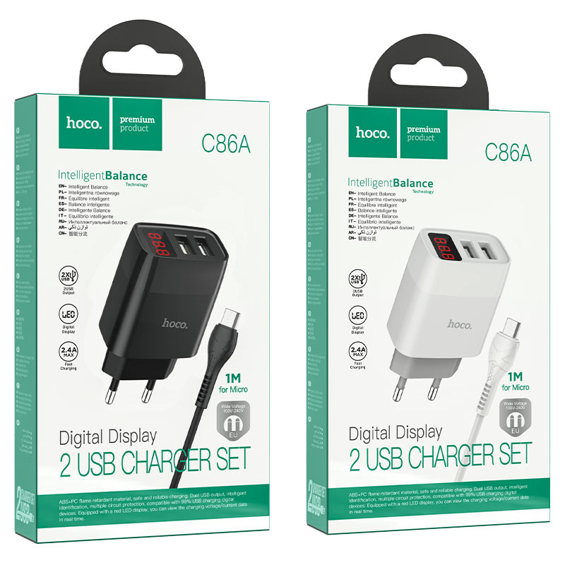Wall charger “C86A Illustrious” dual port EU set with cable