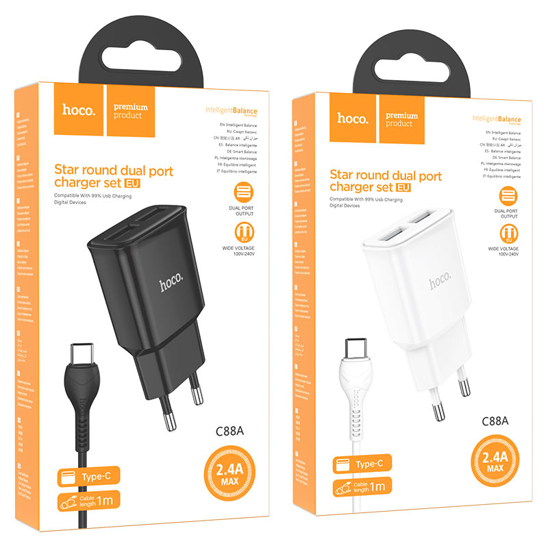 Wall charger “C88A Star round” dual port EU set with cable