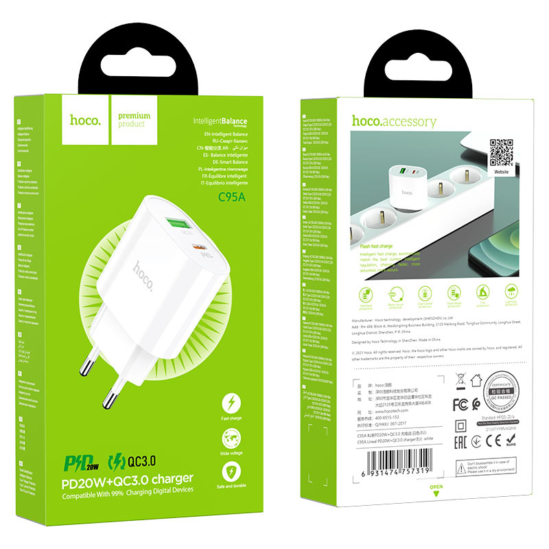 Wall charger “C95A Lineal” PD20W+QC3.0 EU set with cable