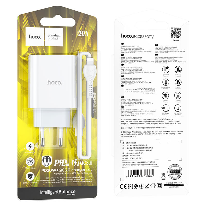 Wall charger “C97A” PD20W+QC3.0 EU set with cable