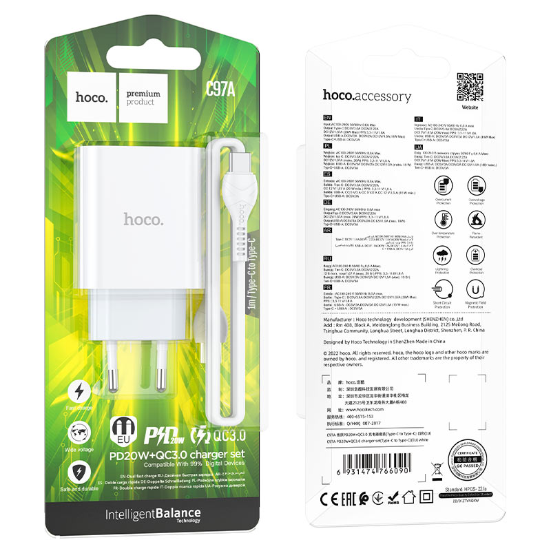 Wall charger “C97A” PD20W+QC3.0 EU set with cable