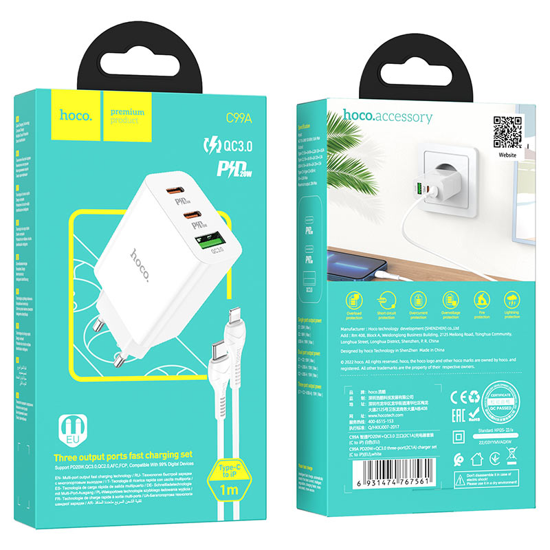Wall charger “C99A” PD20W + QC3.0 EU set with cable