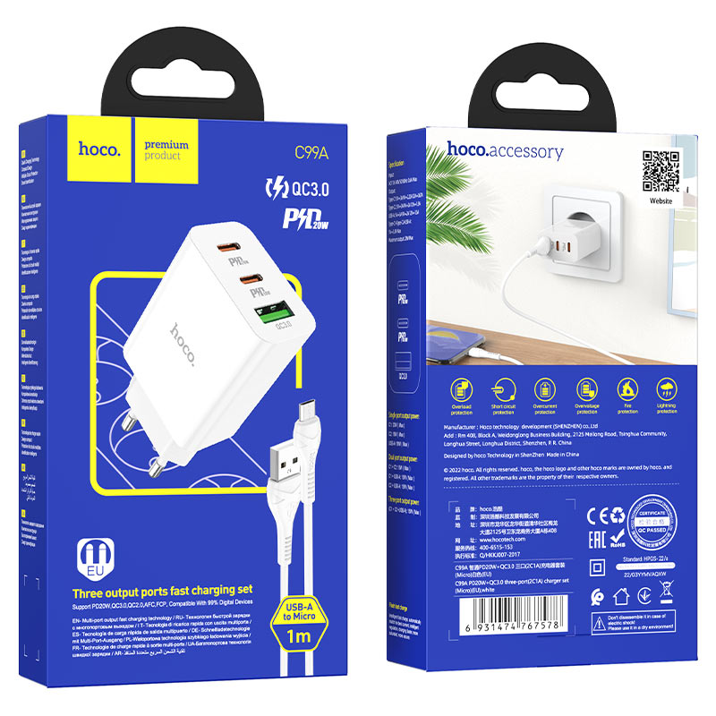 Wall charger “C99A” PD20W + QC3.0 EU set with cable
