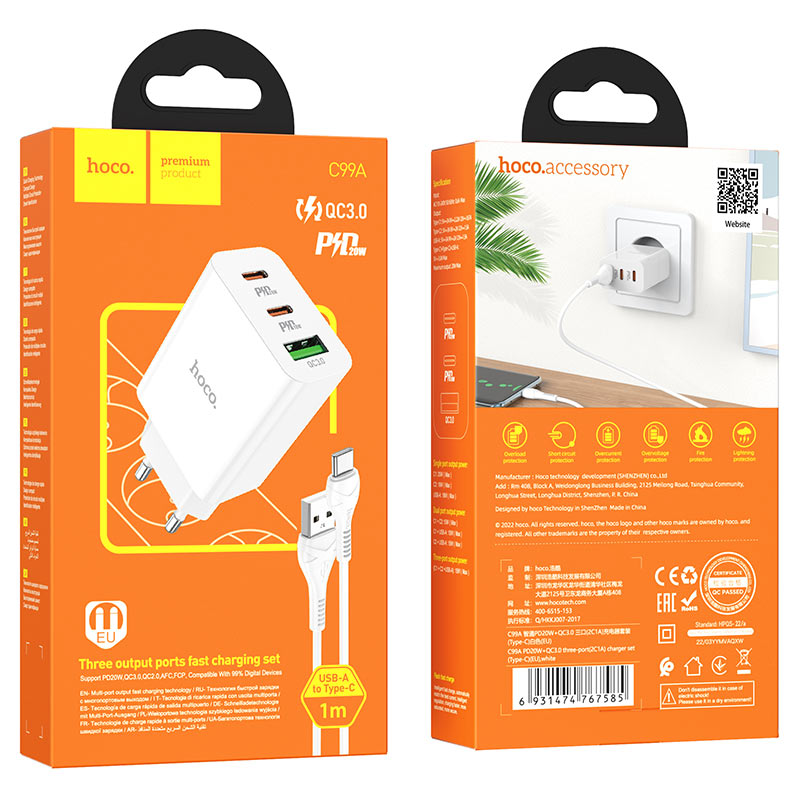 Wall charger “C99A” PD20W + QC3.0 EU set with cable