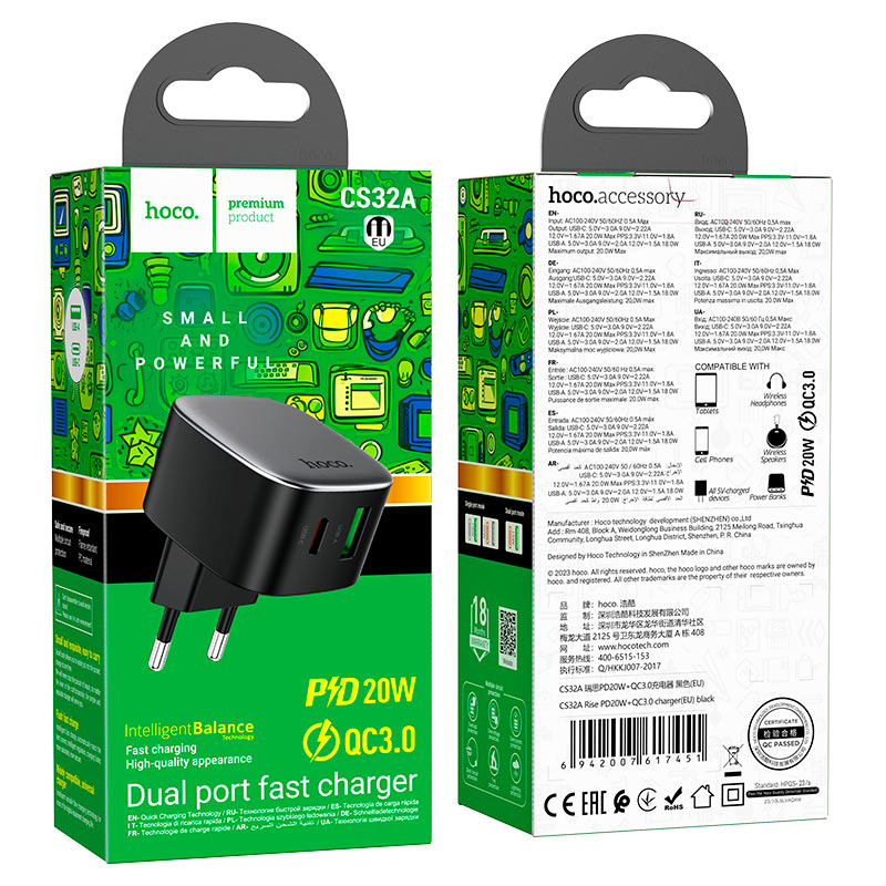 Wall charger “CS32A Rise” PD20W + QC3.0 EU cable set