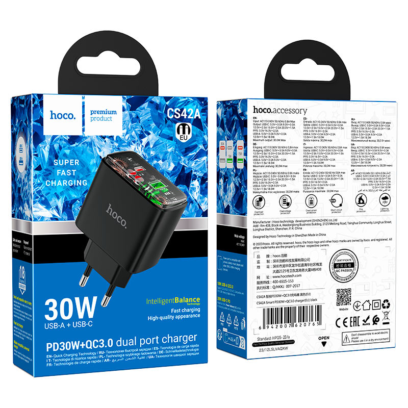 Wall charger “CS42A Smart” PD30W + QC3.0 EU cable set