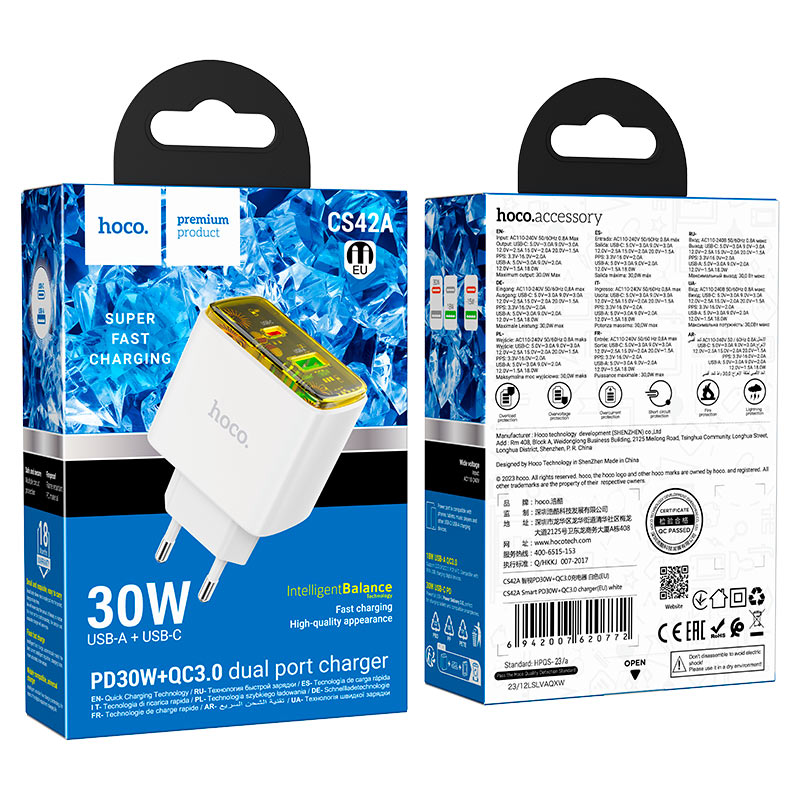 Wall charger “CS42A Smart” PD30W + QC3.0 EU cable set