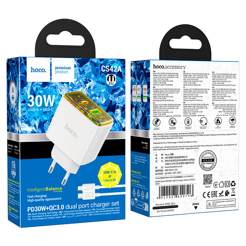 Wall charger “CS42A Smart” PD30W + QC3.0 EU cable set