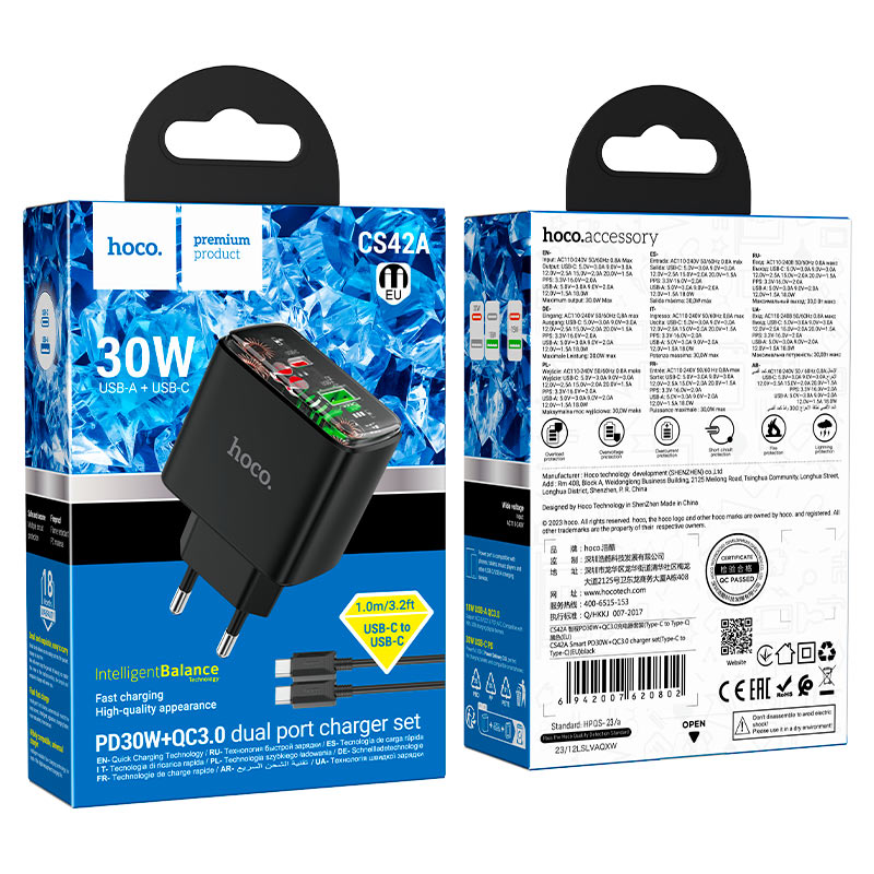 Wall charger “CS42A Smart” PD30W + QC3.0 EU cable set