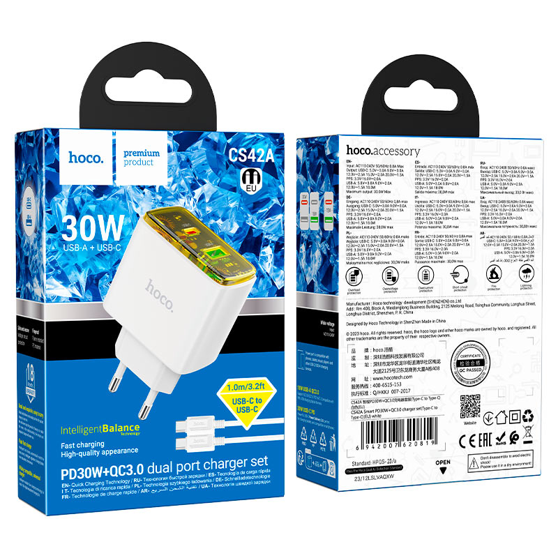 Wall charger “CS42A Smart” PD30W + QC3.0 EU cable set