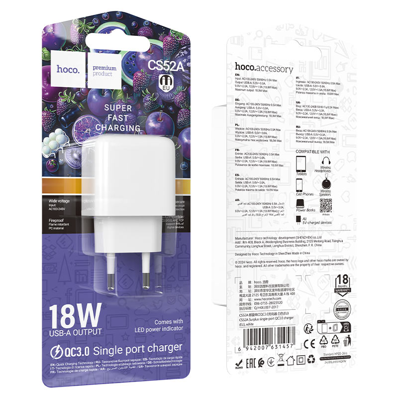 Wall charger “CS52A Surplus” QC3.0 EU cable set