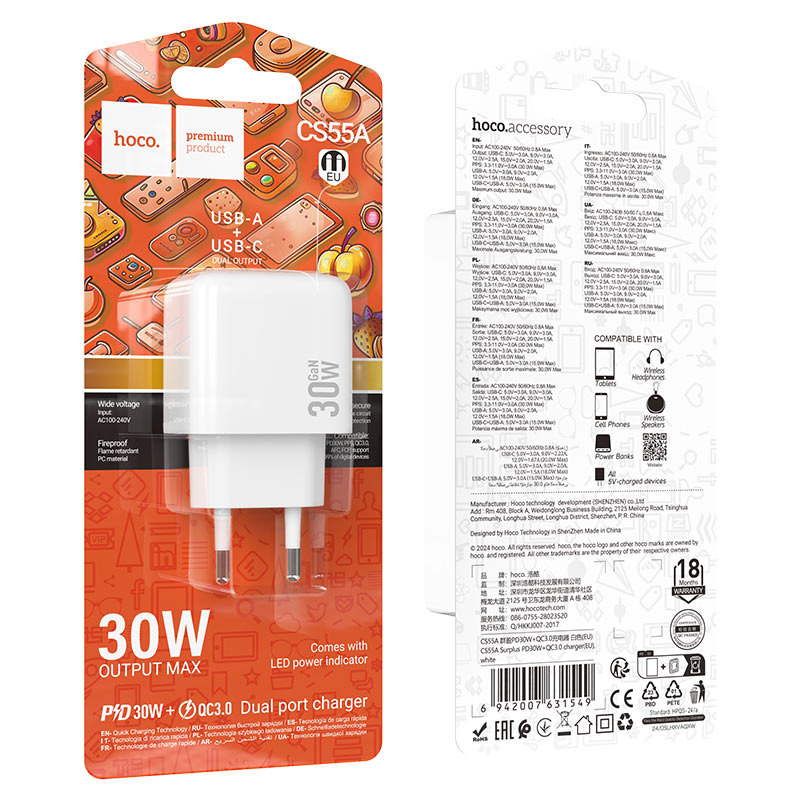Wall charger “CS55A Surplus” PD30W + QC3.0 EU cable set