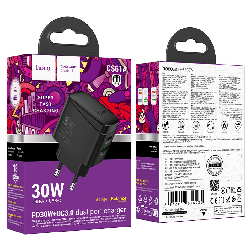 Wall charger “CS61A Bright” PD30W + QC3.0 EU cable set
