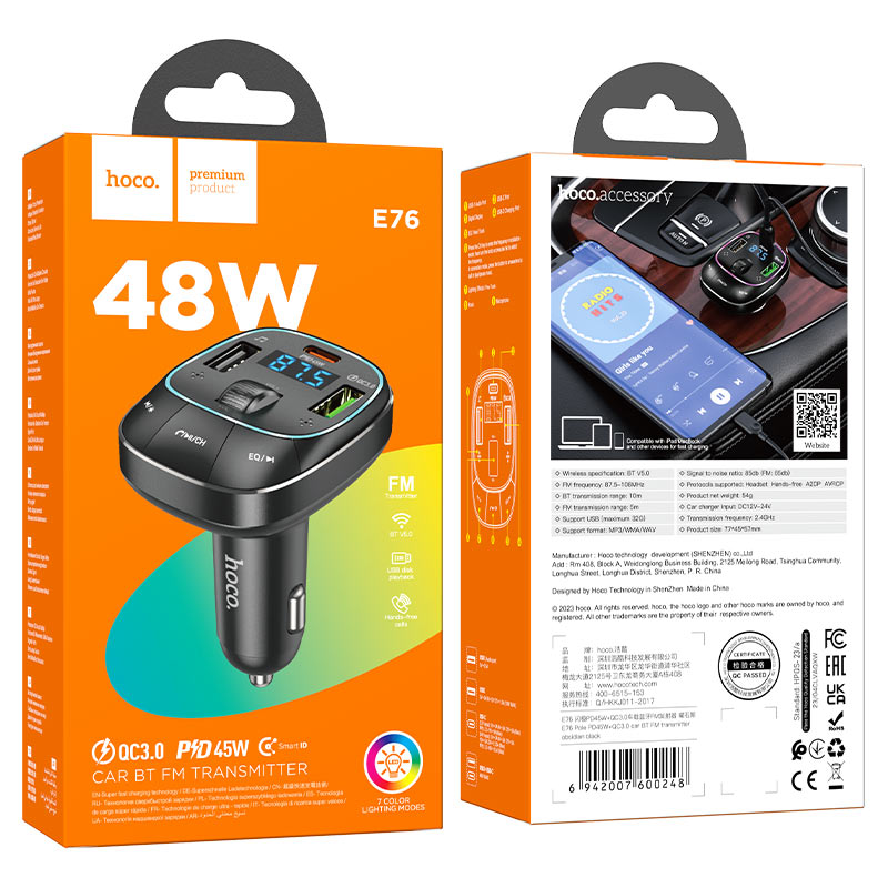 Car charger “E76 Pole” PD45W QC3.0 with wireless FM transmitter