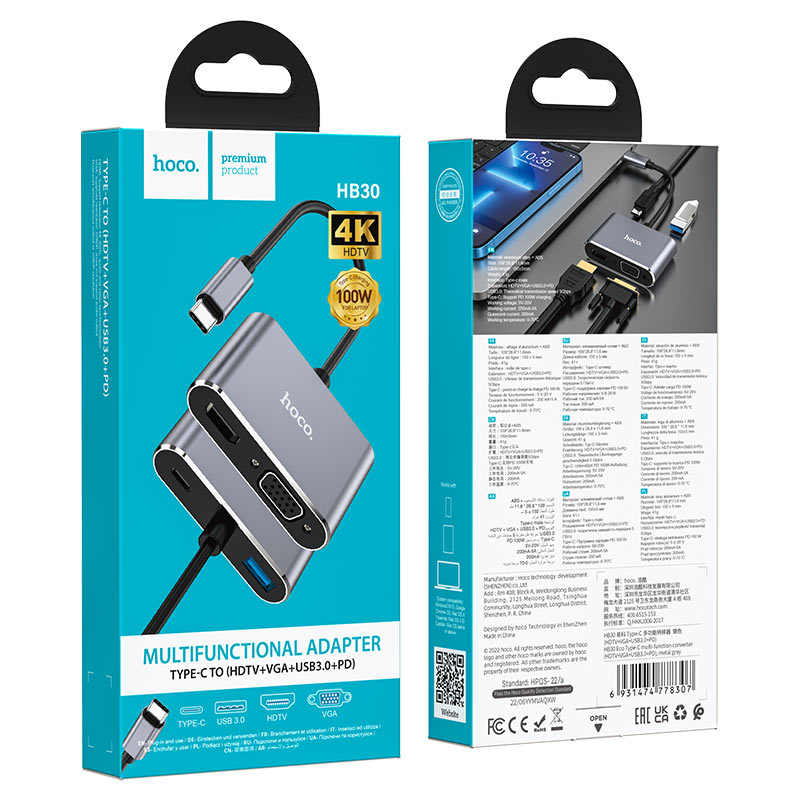 Converter “HB30 Eco” Type-C to HDTV + VGA + USB3.0 + PD