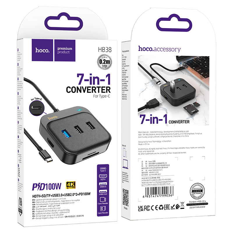 Type-C hub “HB38 Easy link” HDTV + SD/TF + USB-A3.0 + 2 × USB-A2.0 + Type-C