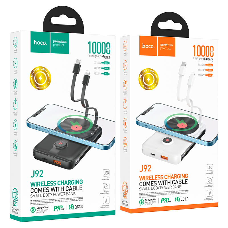 Power bank “J92 Path” wireless charging + built-in cables 10000mAh